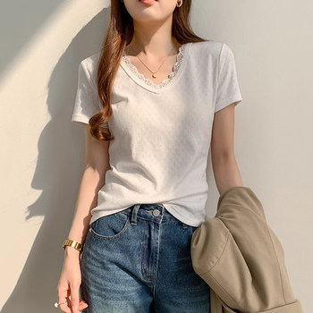 European White Lace V Neck Right Shoulder Short-Sleeved T-Shirt for Women Summer New Korean Style Unique Cut Out Pattern Top