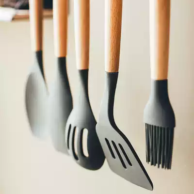 Nordic style household wooden handle frying shovel soup spoon Japanese non-stick pot special high temperature resistant silicone shovel spoon set