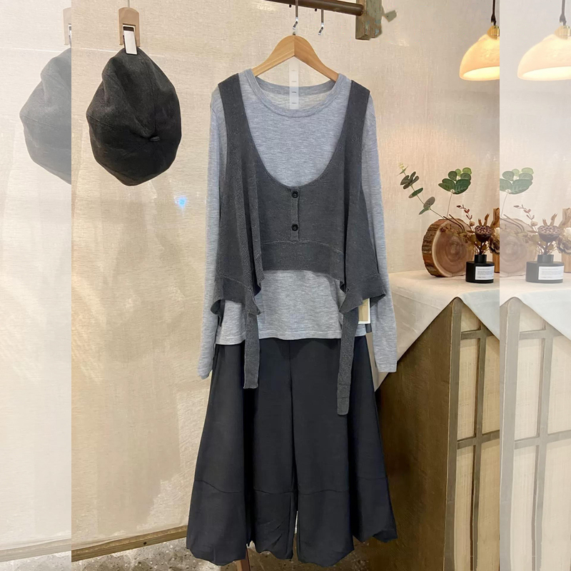 Korean Style Ootd Relaxed Outfit for Commuting and Casual Wear, Layered Gray Knit Vest T-Shirt and Wide-Leg Pants Set for Women in Autumn Korean Style Ootd Relaxed Outfit for Commuting and Casual Wear, Layered Gray Knit Vest T-Shirt and Wide-Leg Pants Set for Women in Autumn