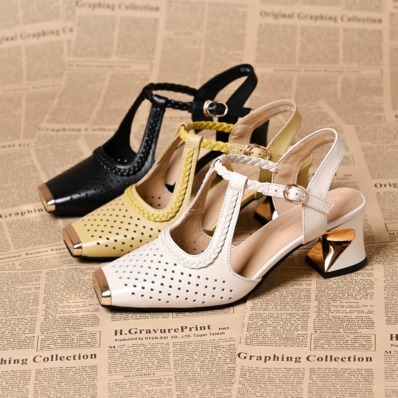 Brand Clearance Genuine Leather Hollow-Out Closed-Toe Sandals for Women, Chunky Heel Square Toe, New Summer Style, Metal Iron Toe High Heels for Commuting