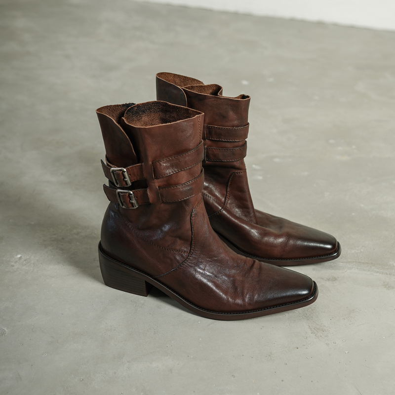 First Layer Cowhide! 5cm Vintage-Style Color-Washed Square-Toe Chunky Heel Martin Boots for Women, Autumn and Winter Square-Toe Slip-On High-Heeled Short Boots
