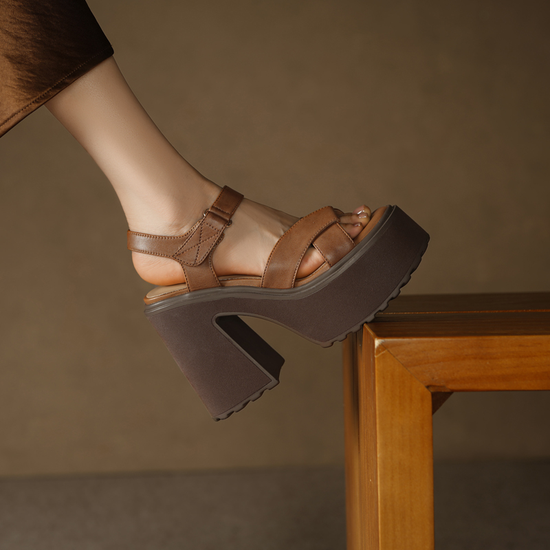 13cm! Retro Style Ultra-High-Heeled Platform Sandals for Women, Summer Genuine Leather Sexy Open-Toe Thick-Heeled Roman Shoes