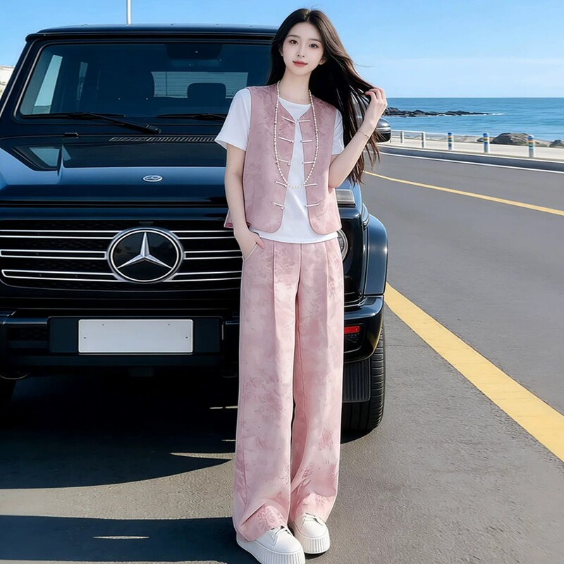 French Rouje Moaks High-End Silk Suit for Women 2026 Summer New Chinese Style National Style Outerwear Vest Three-Piece Set