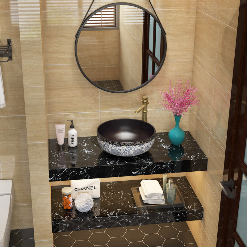 New Chinese style simple double-layer marble wash basin cabinet Household art table basin Hotel wall-mounted wash basin