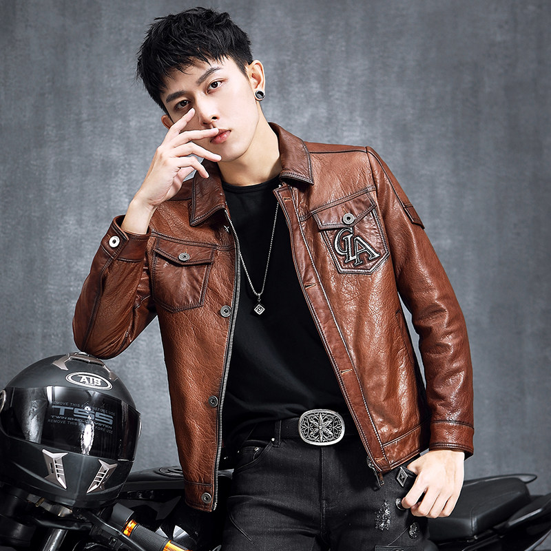 Genuine leather men's leather Haining leather sheepskin jacket Genuine leather men's short slim leather jacket lapel tide