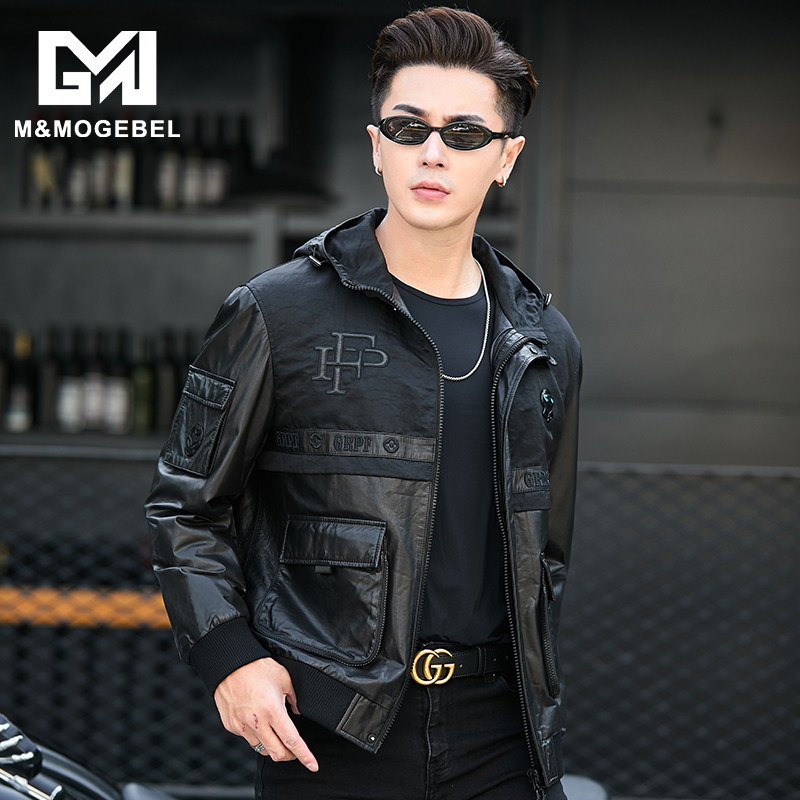 Leather leather men's stitching embroidery hooded warm leather leather men's coat thickened leather jacket sheepskin tide