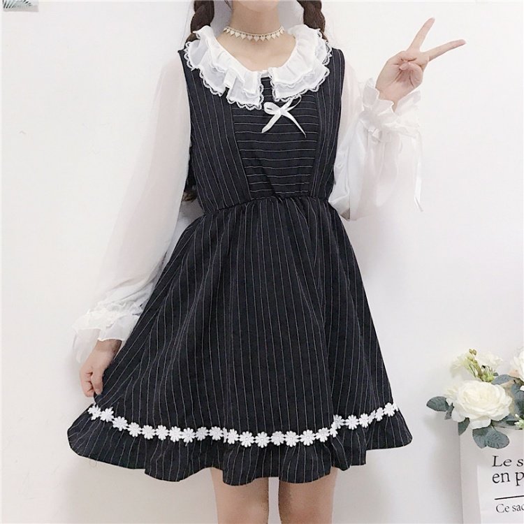 Mùa thu bow sọc A-line vest dress + ren vòng cổ dây đeo dài tay cơ sở voan áo sơ mi phù hợp với phụ nữ váy chữ a cho người béo