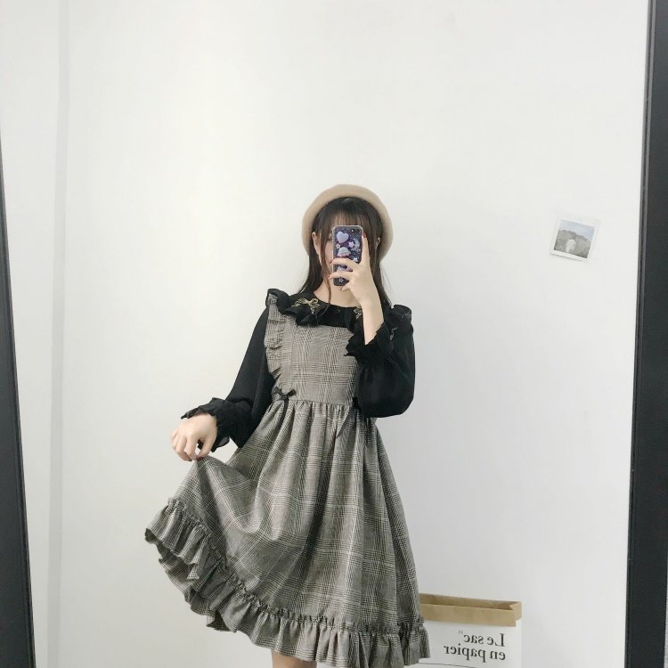 Mùa thu 2018 của phụ nữ mới Nhật Bản nhỏ tươi ngọt ngào kẻ sọc retro bằng gỗ cao eo đầm sơ mi thắt eo