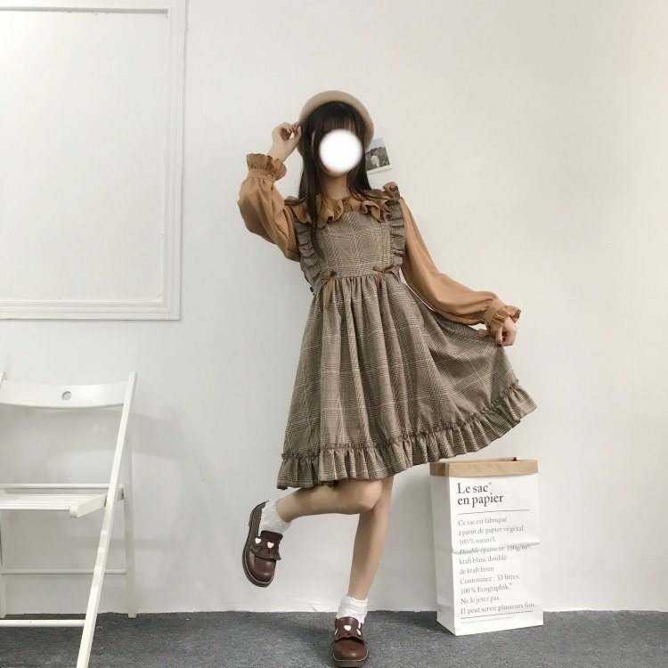 Mùa thu 2018 của phụ nữ mới Nhật Bản nhỏ tươi ngọt ngào kẻ sọc retro bằng gỗ cao eo đầm sơ mi thắt eo