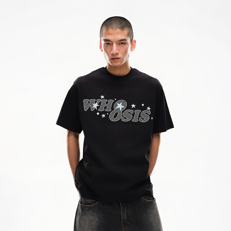 Whoosis (Unknown Name) Star Grid Embroidery Short-Sleeve T-Shirt, Versatile for Spring and Summer, Round Neck, Loose Fit, Trendy for Both Men and Women