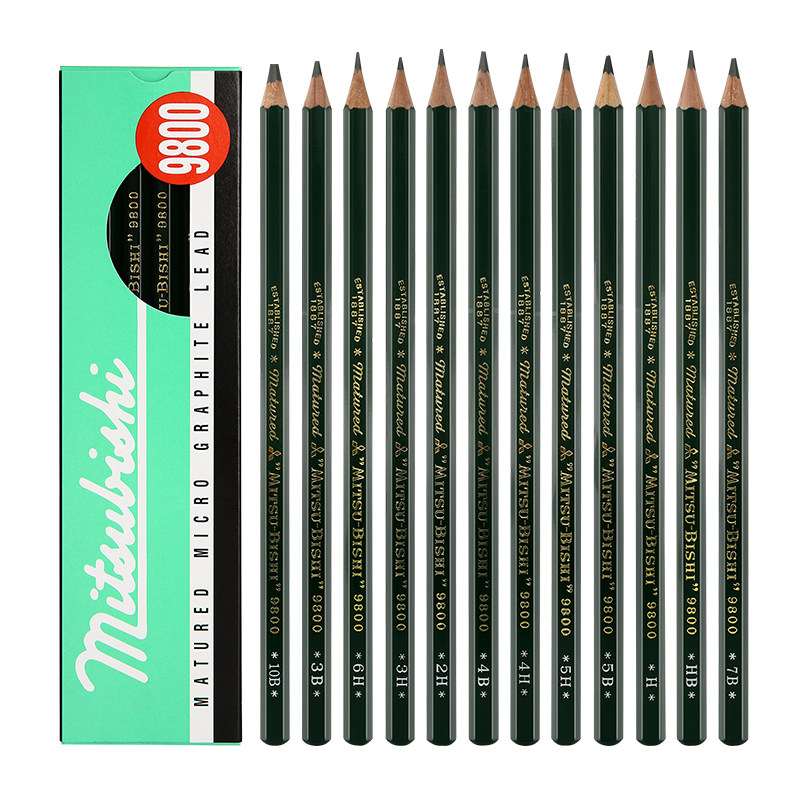 Japan UNI Mitsubishi 9800 art drawing sketch pencil hexagon rod wood pencil drawing student sketching Black pencil HB2B multi-grayscale Mitsubishi pencil is not easy to break Pencil sharpener