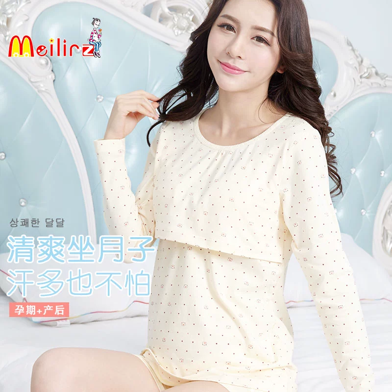 Thai sản Mùa hè cho con bú Top Cotton mỏng Mồ hôi thoáng khí Hấp thụ thai sản Top dài tay áo Điều hòa nhiệt độ thai sản Top - Áo thai sản