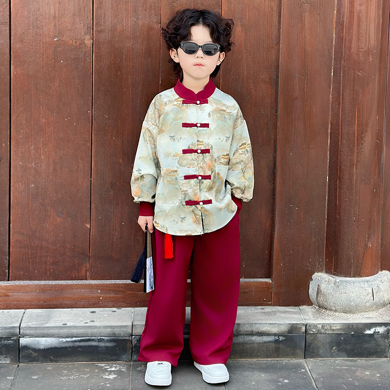 Mid-Autumn Festival Children's Hanfu Suit, New Spring and Autumn Style, Boys' Chinese Tang Suit Formal Wear, Boys' Red Traditional Performance Costume