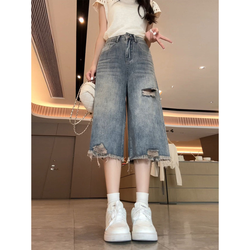 Fashionable High-Street Ripped Denim Capri Pants for Women, New Summer Style, High-Waisted, Loose, Slimming, Frayed Hem, Straight-Leg Wide-Leg Mid-Length Pants