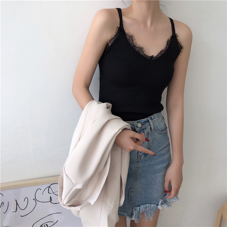 Lông mi gợi cảm đan áo yếm nữ chạm đáy bên trong cổ chữ V mùa hè mặc áo Hồng phong cách retro sang trọng áo len sát nách