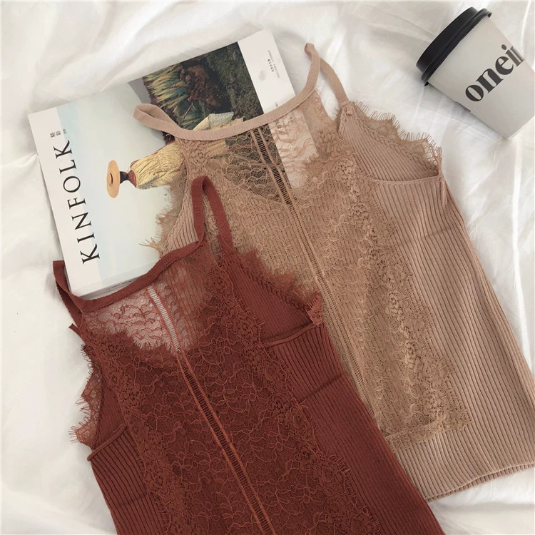 Lông mi gợi cảm đan áo yếm nữ chạm đáy bên trong cổ chữ V mùa hè mặc áo Hồng phong cách retro sang trọng
