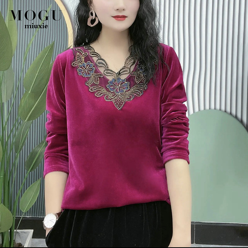 Burgundy Stylish V-Neck Lace Trim Patchwork Velvet Base Shirt for Women, Autumn 2025 New Casual Top