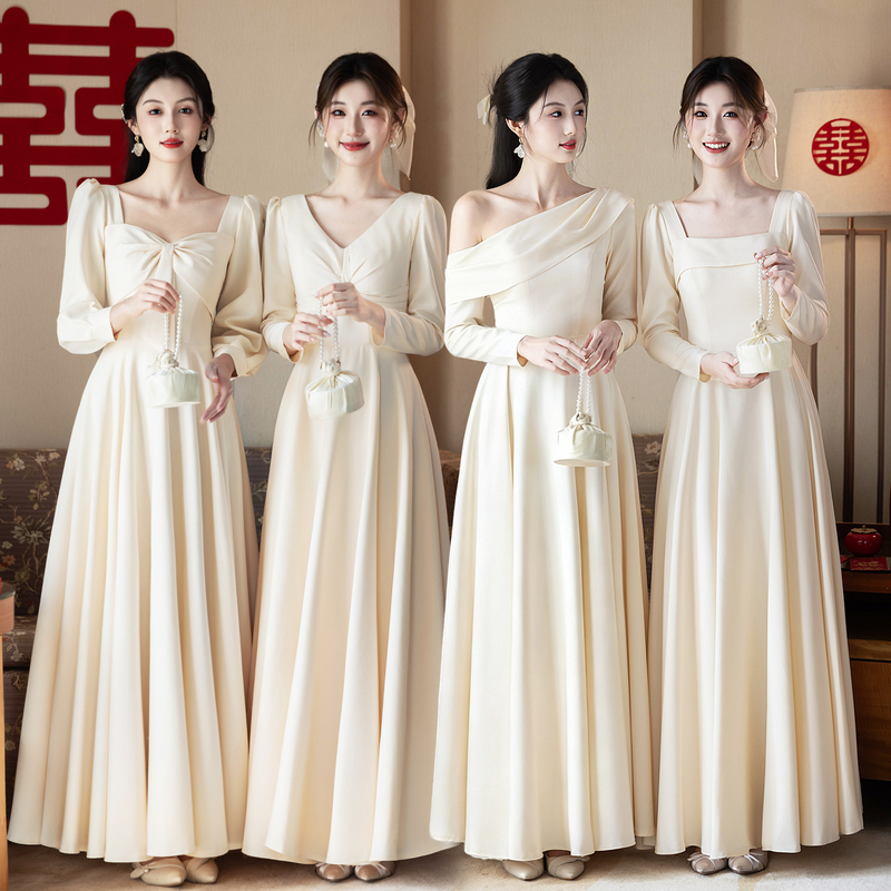 Champagne-Colored Bridesmaid Dress, Autumn and Winter Long-Sleeved, Simple and Elegant Wedding Sister Group Dress, Bridesmaid Dress That Can Be Worn Daily Champagne-Colored Bridesmaid Dress, Autumn and Winter Long-Sleeved, Simple and Elegant Wedding Sister Group Dress, Bridesmaid Dress That Can Be Worn Daily