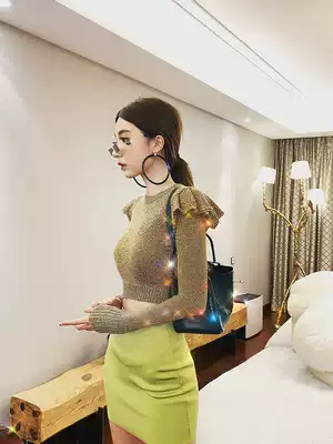 ALUONLINESHOP short shiny sweater women's spring new small fungus stitching slim top