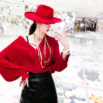 ALUONLINESHOP red pleated shirt female wooden collar long sleeve shirt loose temperament top tide