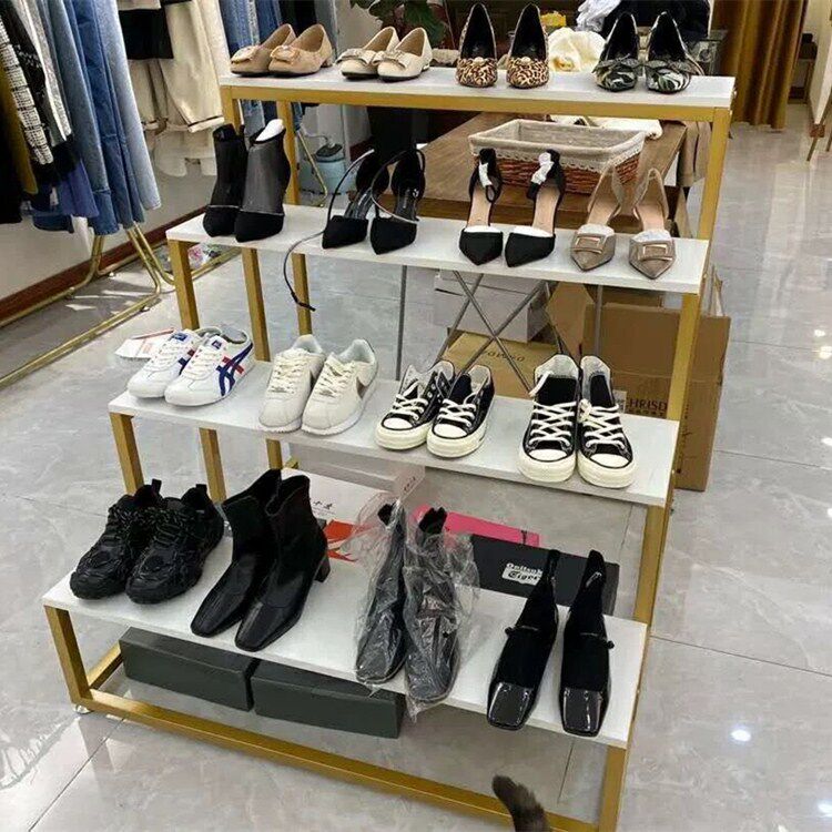 Clothing Store Iron Art Floor Middle Island High And Low Shelf Nano Gold Flowing Water Table Shelving Shelf Multilayer Shoe Rack Bag rack