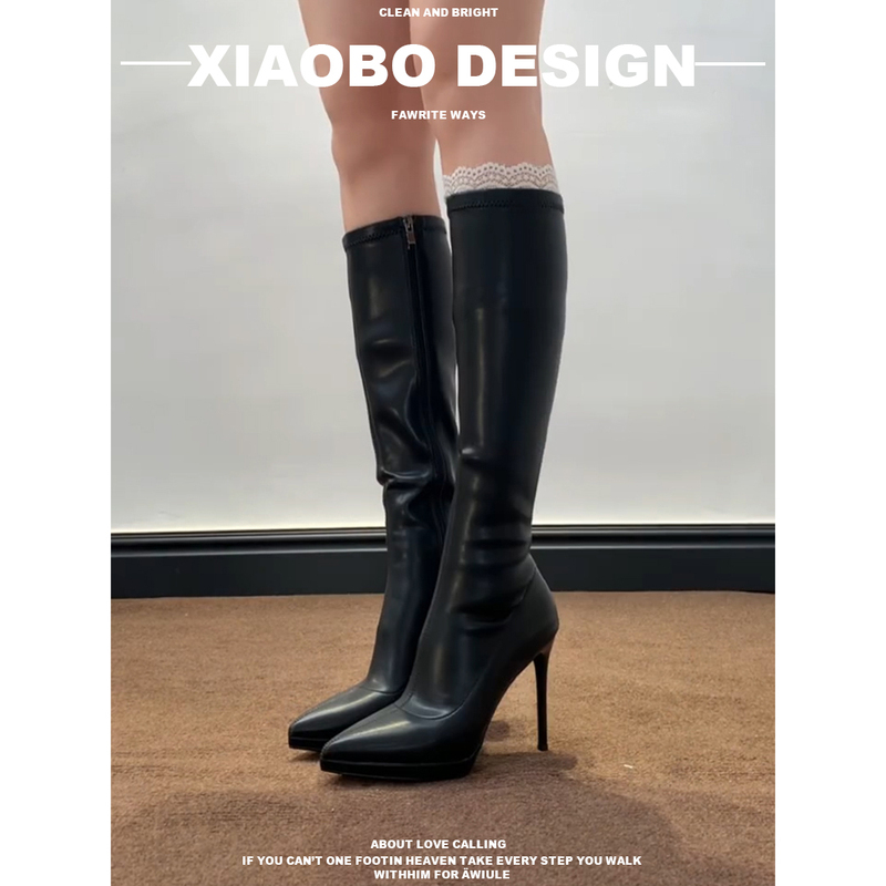 2026 New Style Genuine Leather Waterproof Platform Pointed Toe High-Heeled Long Boots for Women, Winter Black Stretch Slim Boots, Slimming High Boots