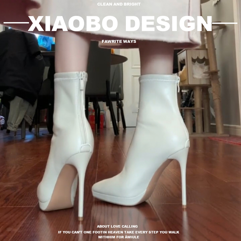 Off-White Pointed Toe Stiletto Platform High-Heeled Short Boots for Women 2026 Autumn and Winter New Style Sexy Versatile Elastic Slim Boots Off-White Pointed Toe Stiletto Platform High-Heeled Short Boots for Women 2026 Autumn and Winter New Style Sexy Versatile Elastic Slim Boots