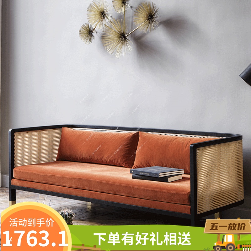 Trung Quốc hiện đại gỗ rắn ba chỗ sofa đơn giản phòng khách vải mây kết hợp căn hộ nhỏ ban công đồ nội thất mây - Ghế sô pha