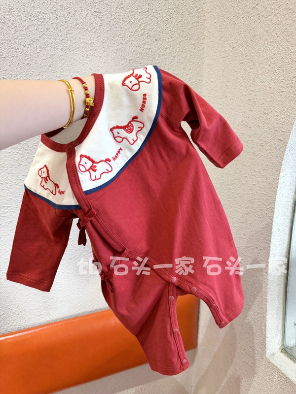 New Year of the Horse Outfit! Baby Long-Sleeve Romper, Spring and Autumn Pure Cotton Seamless Newborn Infant Tie-Up Jumpsuit, Red Full Moon Edition