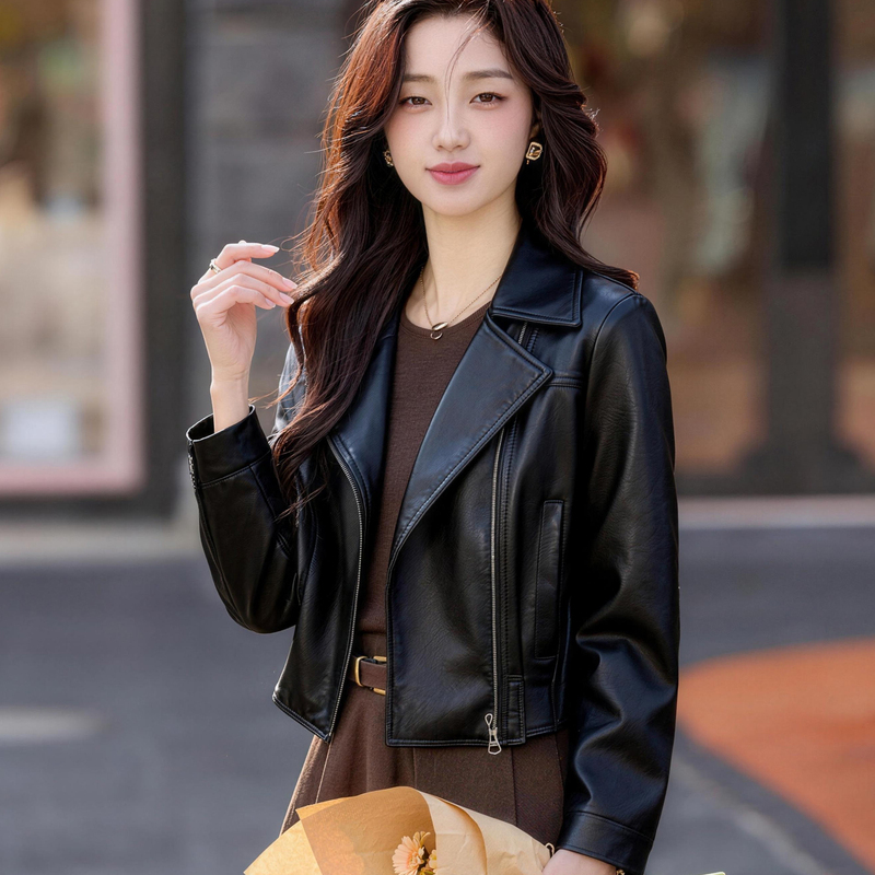 Haining Genuine Leather Top-Layer Sheepskin Leather Jacket for Women, Short, Slim-Fitting, with a Suit Collar, Black, Versatile and Stylish Haining Genuine Leather Top-Layer Sheepskin Leather Jacket for Women, Short, Slim-Fitting, with a Suit Collar, Black, Versatile and Stylish