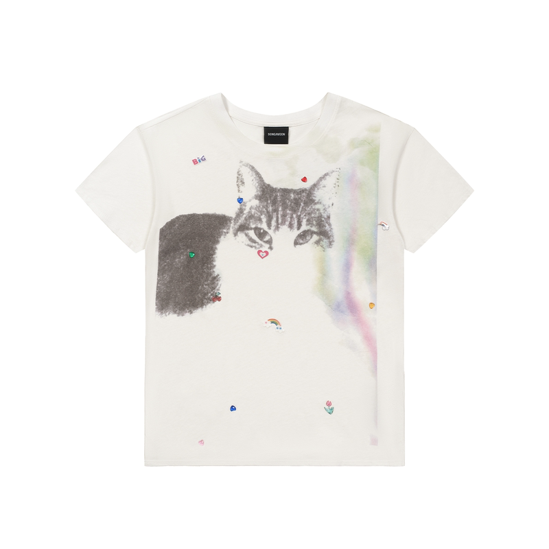 Songaadon 26Fw Overexposed Colorful Cat 3D Heat Transfer Rhinestone Linen Lightweight T-Shirt