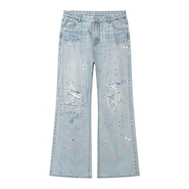 Songaadon 26Fw Childlike 3D Foam Heat Transfer Rhinestone Ice Blue Lightning Pattern Distressed Jeans Songaadon 26Fw Childlike 3D Foam Heat Transfer Rhinestone Ice Blue Lightning Pattern Distressed Jeans