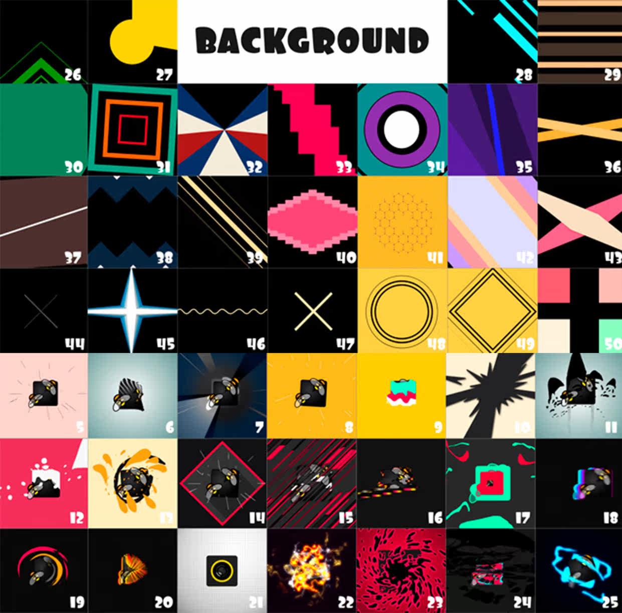 超炫酷动感二维卡通FX动画AE模板火花爆炸多彩多边形转场背景标志元素MG动画