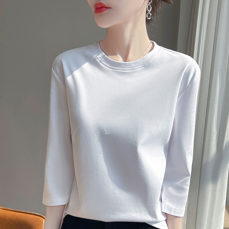 Xinjiang Cotton 100% Pure Cotton Round Neck Three-Quarter Sleeve T-Shirt for Women, Loose Fit, Slimming, Suitable for Layering under a Suit, Skin-Friendly