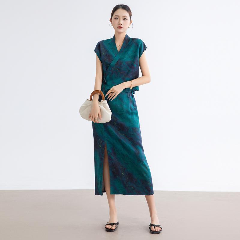 【100% Mulberry Silk】 (Blue Tears Set) Xiangyun Silk New Chinese Style Simple and Elegant Set