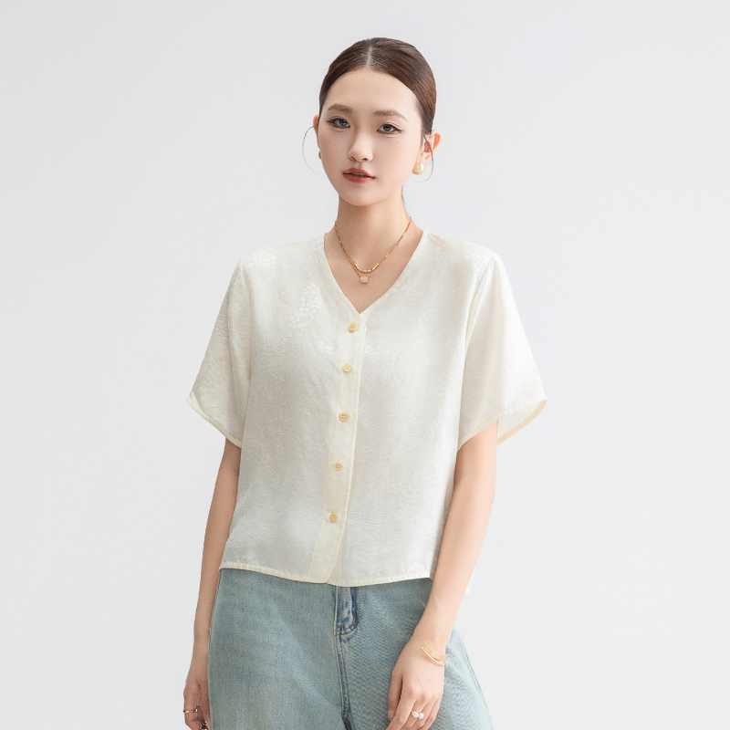 [100 Mulberry Silk] (Pulluo Summer) Jacquard Luo Hole National Style Spring and Summer Top New Chinese Style Silk Short Sleeve