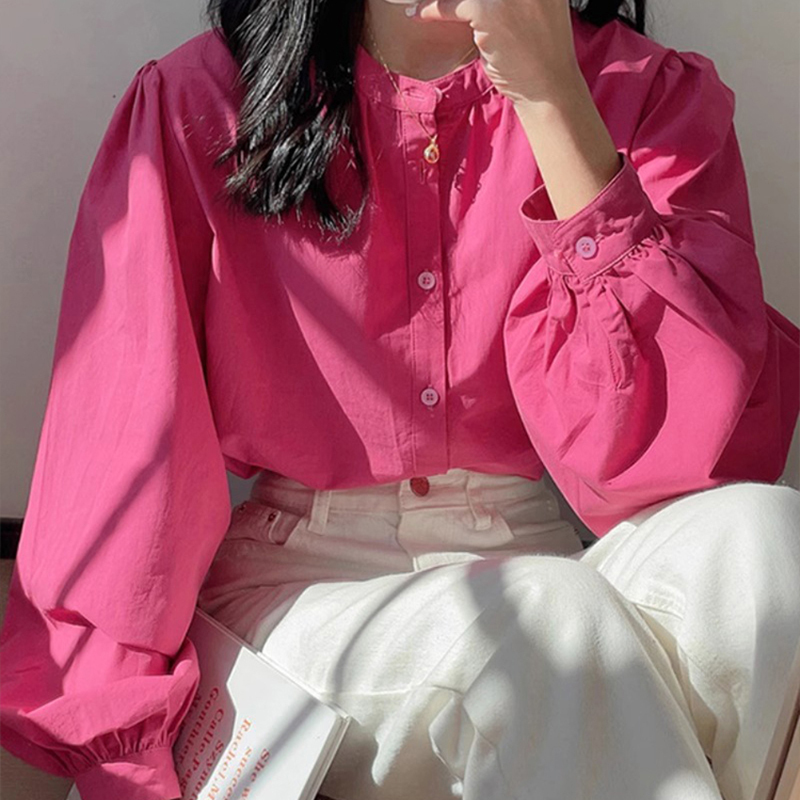 Rose Red Round Neck Shirt for Women, Spring and Autumn, Petite, Loose Long-Sleeved Shirt, French Chic Blouse with a Sense of Design
