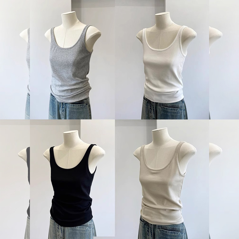 White U-Neck Ribbed Cotton Camisole for Women, Summer Slim-Fit Inner Layer Sleeveless Top for Petite Figures