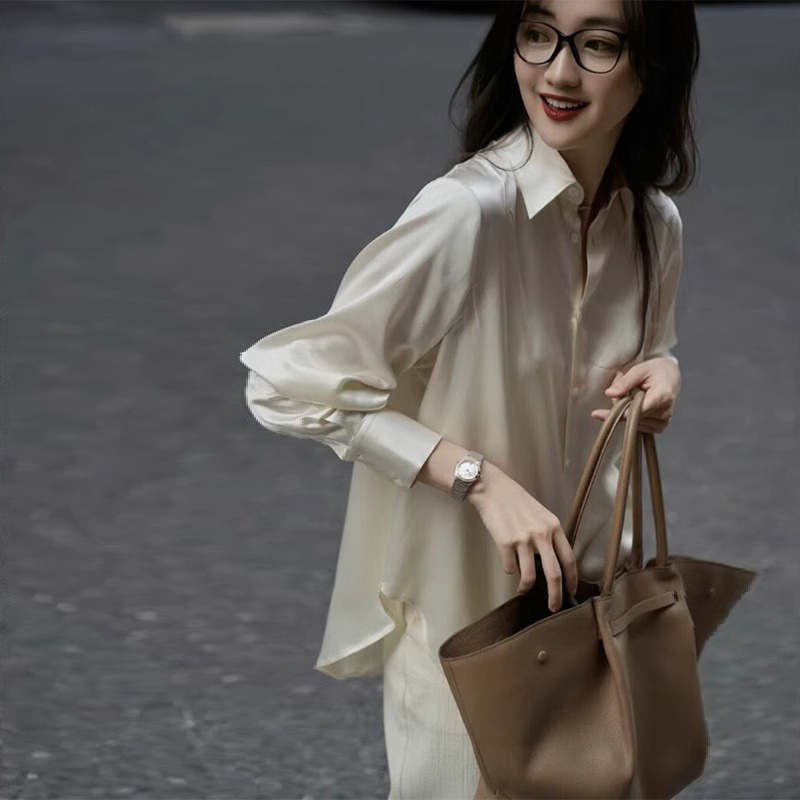 French Acetate Satin Shirt for Women, Spring and Autumn, Petite Professional Long-Sleeve Shirt, Stylish and Elegant Design Top French Acetate Satin Shirt for Women, Spring and Autumn, Petite Professional Long-Sleeve Shirt, Stylish and Elegant Design Top
