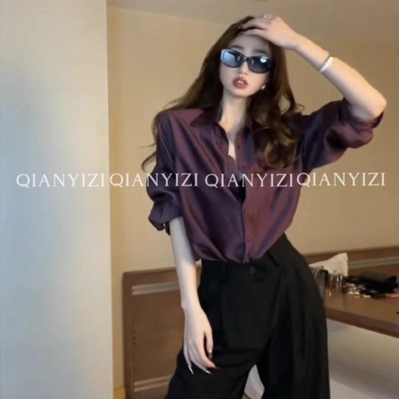 Purple Acetate Satin Shirt for Women, Spring and Autumn Style, Petite, High-End, Elegant Shirt, Loose-Fitting, Professional Long-Sleeved Top Purple Acetate Satin Shirt for Women, Spring and Autumn Style, Petite, High-End, Elegant Shirt, Loose-Fitting, Professional Long-Sleeved Top