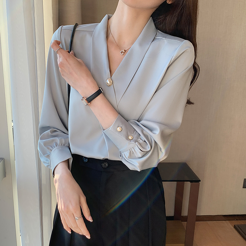 French-Style Blue Shirt for Petite Women, Spring and Autumn Acetate Satin Shirt, Professional Commuting Style, Elegant V-Neck Long-Sleeve Top