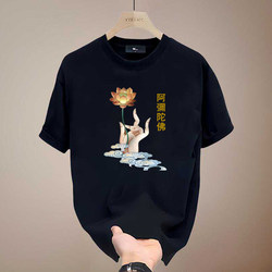 Chinese Style Buddhist Culture Hand-Held Lotus Short-Sleeved Amitabha Retro Summer Loose Easiest for match Men's and Women's T-Shirts