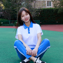 To youth school uniform suit Junior high school high school students class clothes summer clothes men and women blue and white net red with the same short-sleeved top