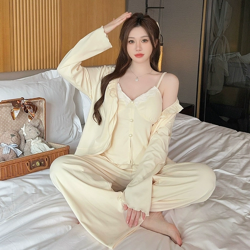 Бархатная осенняя пижама, топ с чашечками, сексуальный комплект, домашняя одежда, изысканный стиль, легкий роскошный стиль, эффект подтяжки, 3 предмета