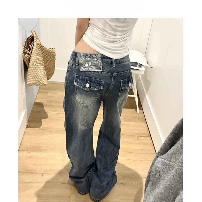 American-Style Low-Waist Straight-Leg Jeans for Women, Spring 2026 New Embroidered Logo Series, Washed Design, Loose Wide-Leg Pants