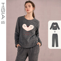 HSIA ya round-collar home suit suit women embroidery can be worn outside cute thick autumn and winter flannel pajamas women