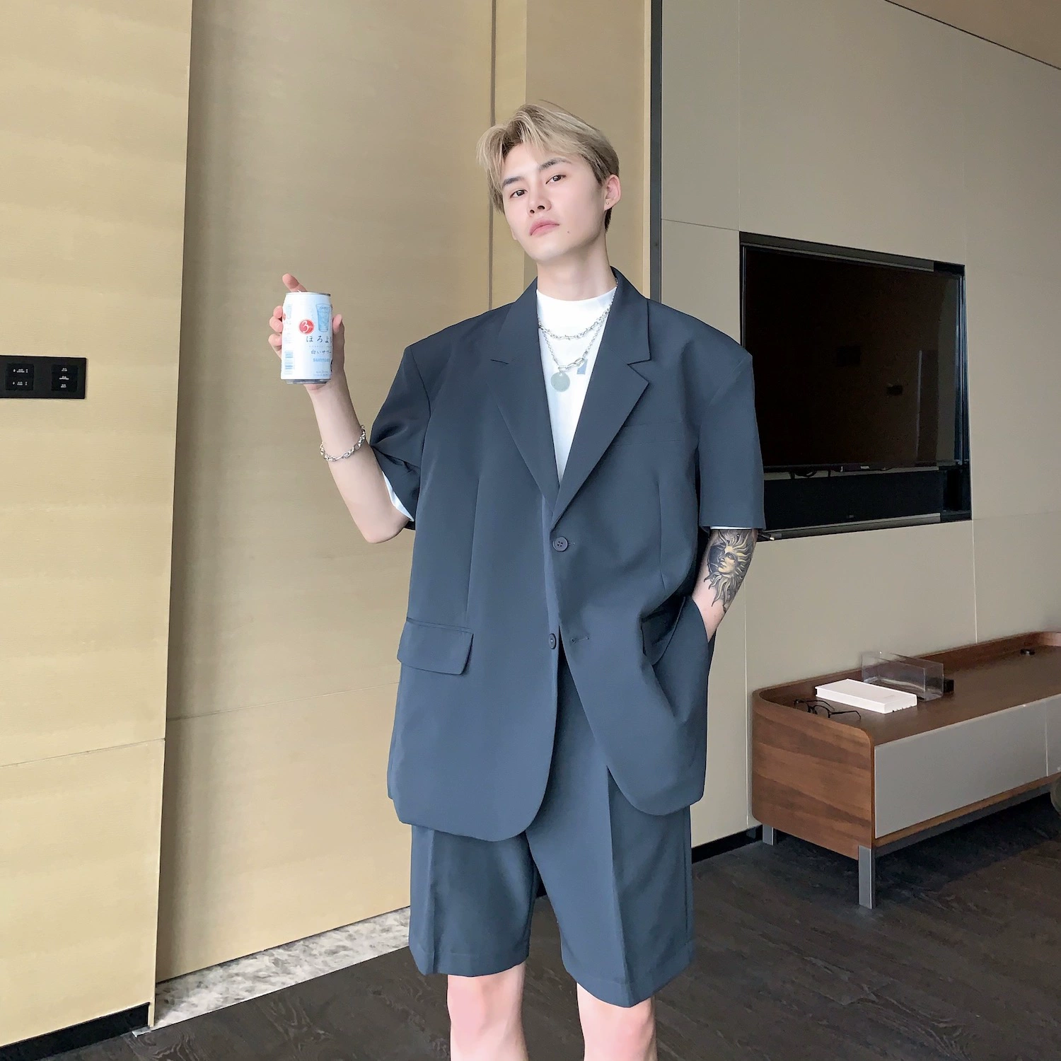 cuibuju / 20ss Summer ins Hong Kong style suit yuppie profile suit ngắn tay phù hợp với quần dài năm điểm màu xám - Suit phù hợp