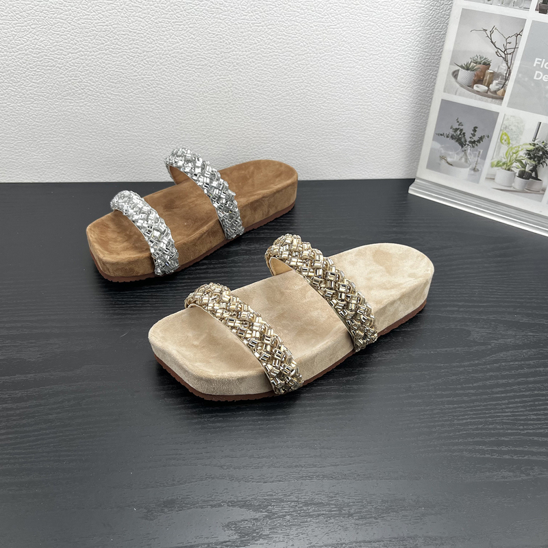 2026 Summer New Style Woven Rhinestone Strap Thick-Soled Height-Increasing Birkenstock-Style Casual Outdoor Women's Sandals