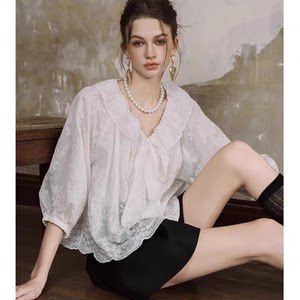 French Lace Collar Embroidered Shirt for Women, Three-Quarter Sleeves, Spring and Summer Turn-Down Collar Bow Top, Loose and Lazy Style with Lantern Sleeves