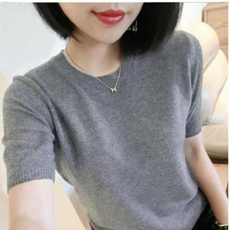 Mùa xuân và mùa thu cổ tròn tay ngắn cao cổ tay áo ngắn một nửa lỏng lẻo áo sơ mi mỏng đan áo len dệt kim áo thun mới hàng đầu thoi trang cong so